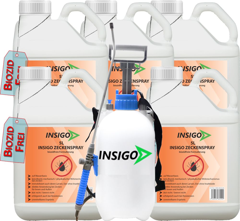 Mehrere Kanister und ein Sprüher. Kanister mit INSIGO-Logo und Biozid-frei-Etikett. Sprüher mit blauem Griff.