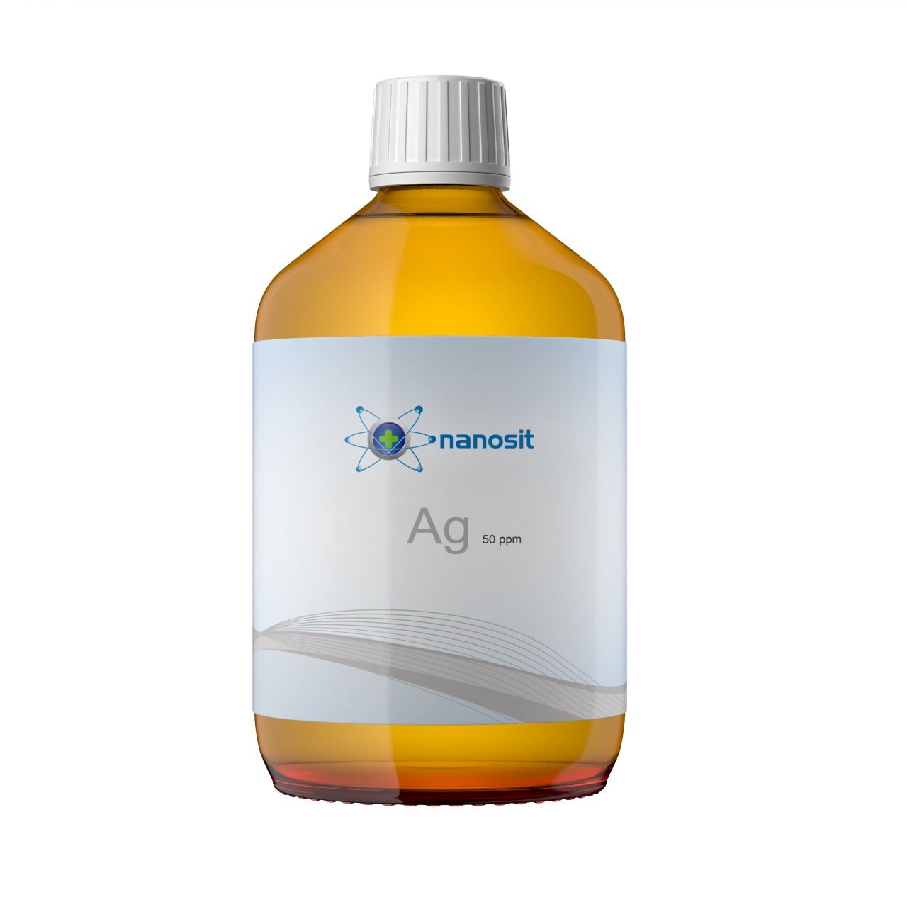 Braune Glasflasche mit weißem Deckel. Etikett mit Logo, Schriftzug "nanosit" und "Ag 50 ppm".