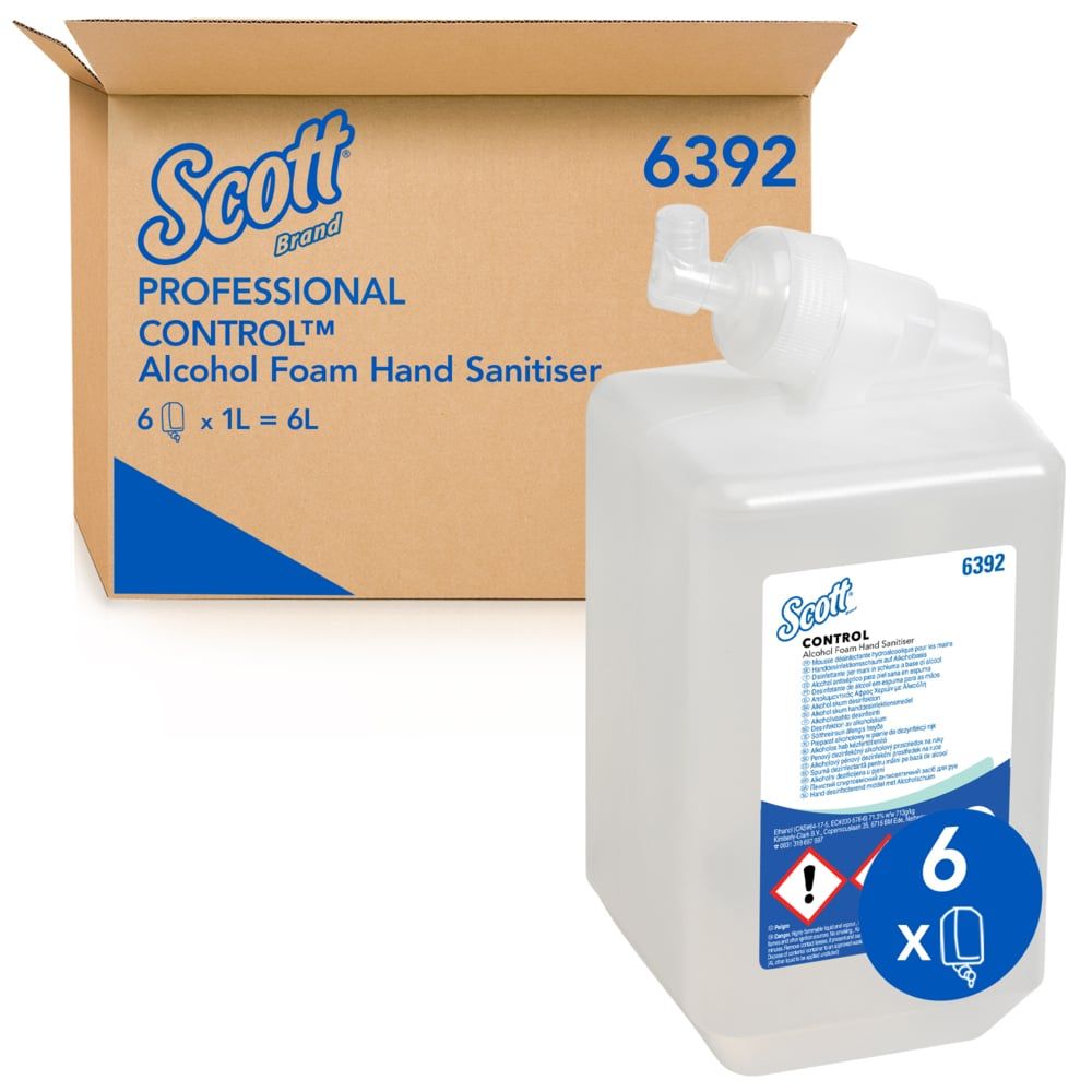 Behälter mit Handdesinfektionsschaum und Karton. Aufschrift: Scott CONTROL, 6 x 1L. Produktnummer 6392.