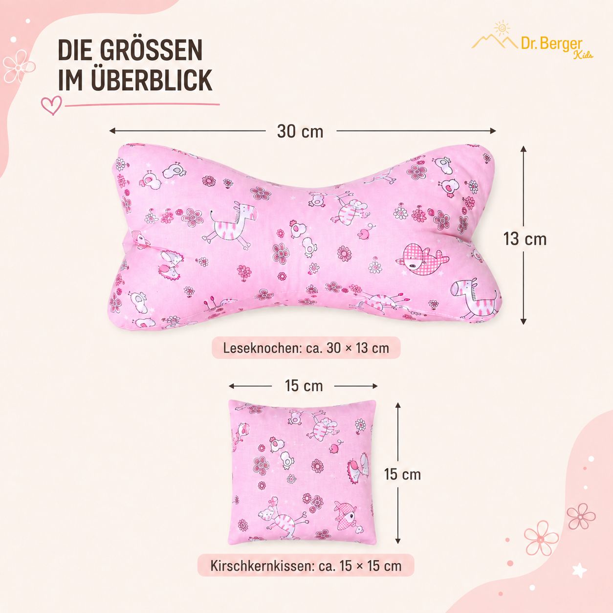 Rosa Nackenkissen (ca. 30x13 cm) und Kirschkernkissen (ca. 15x15 cm) mit Tiermotiven.
