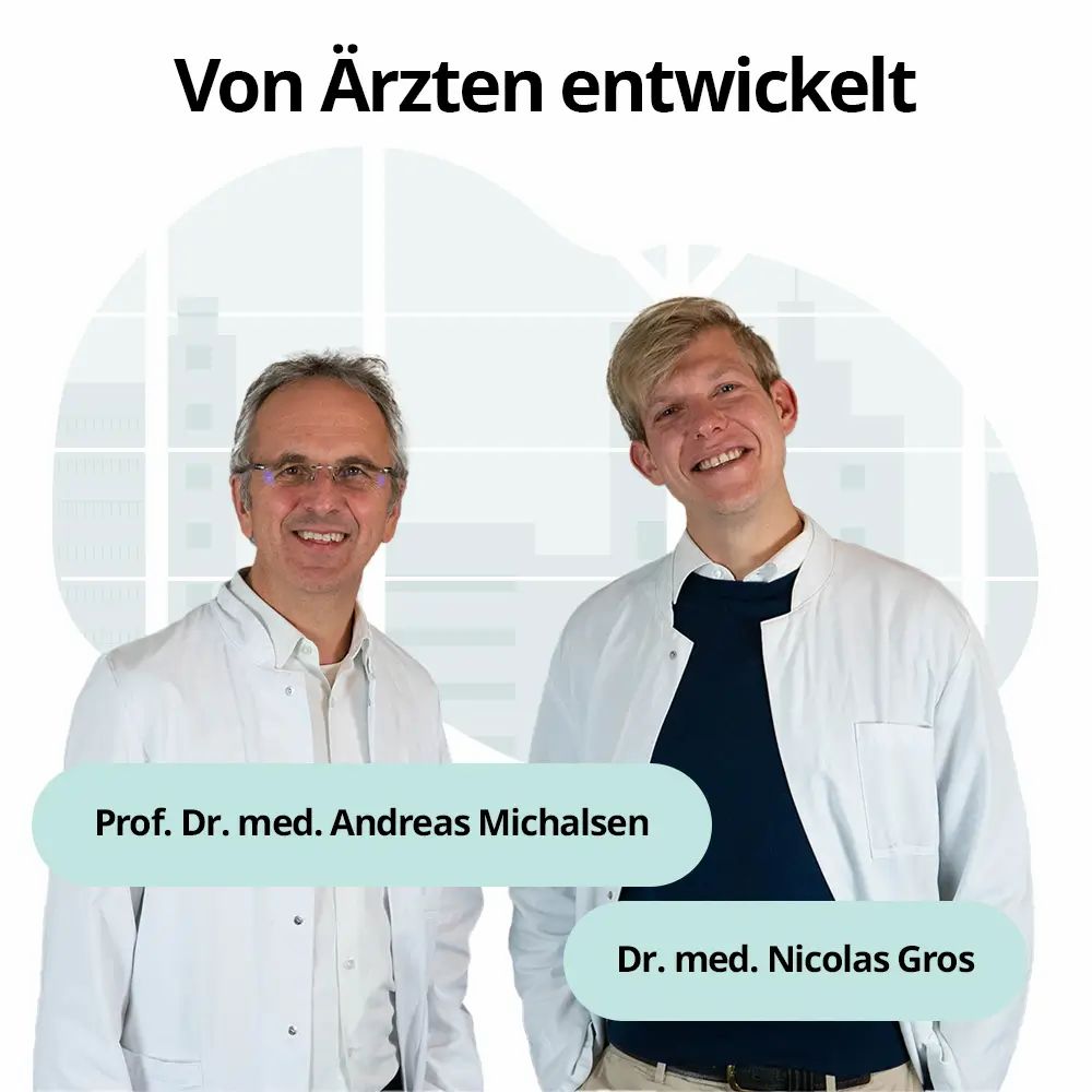 Zwei Ärzte in weißen Kitteln. Text: Von Ärzten entwickelt. Namen: Prof. Dr. med. Andreas Michalsen und Dr. med. Nicolas Gros.