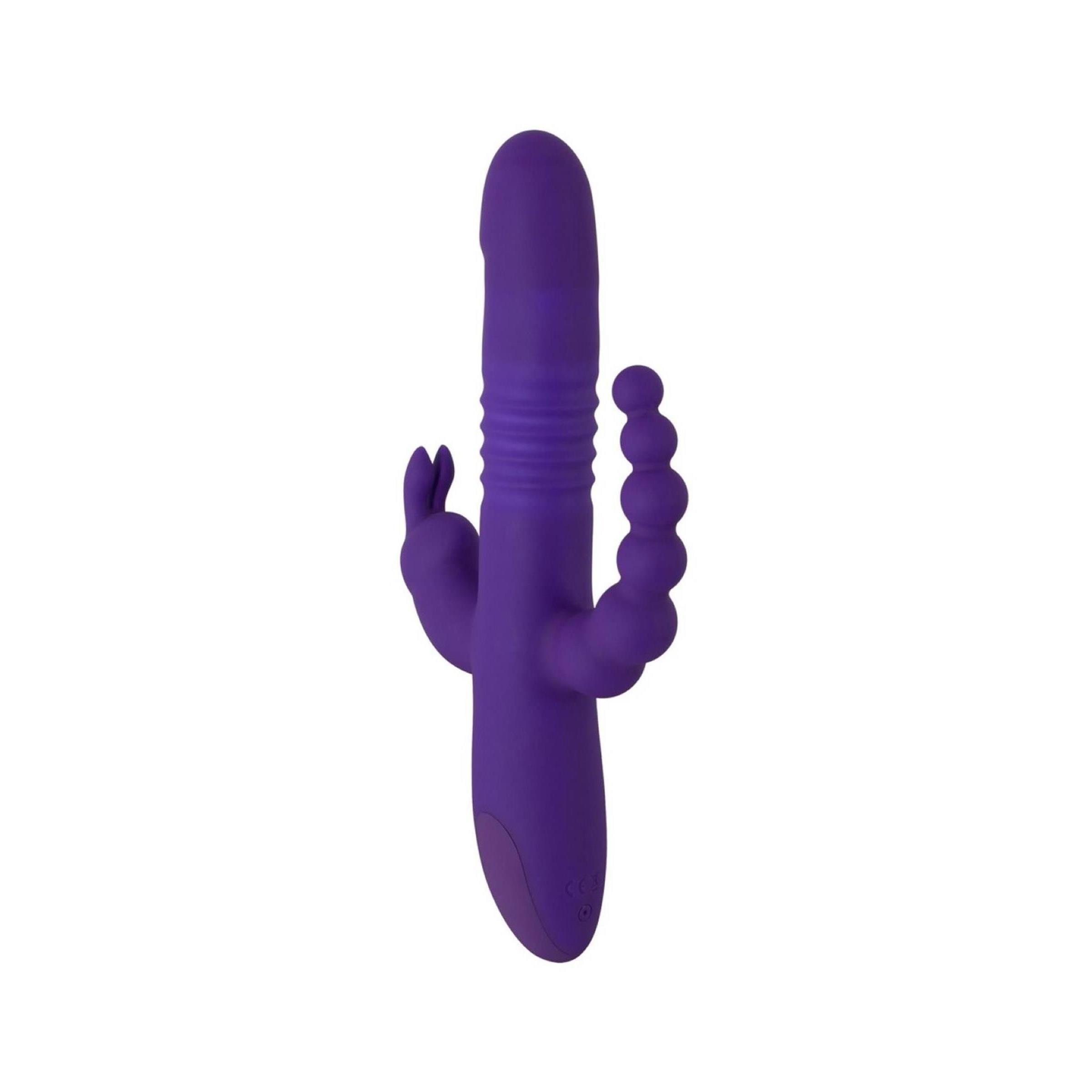Lila Vibrator mit Kaninchenohren und Perlenreihe. Auf weißem Hintergrund.