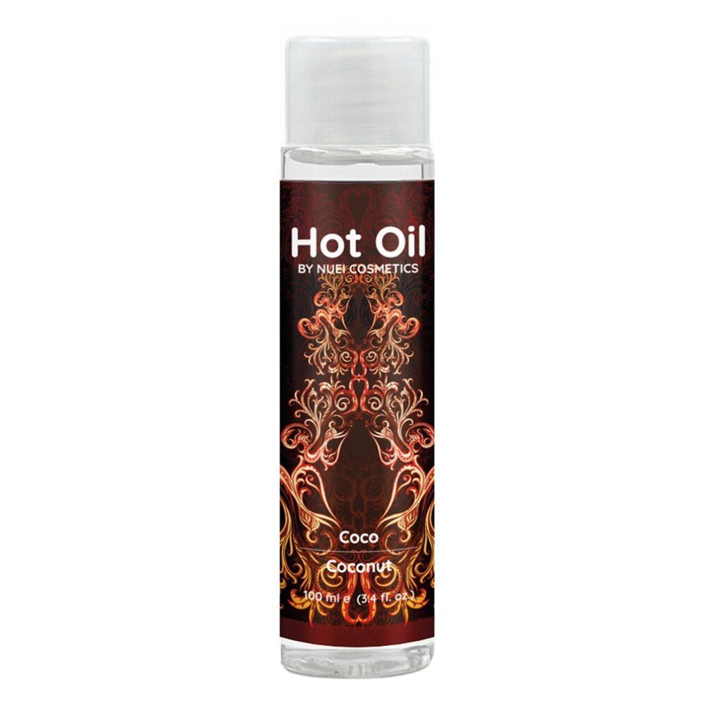 Klarflüssige Flasche mit weißem Deckel. Aufschrift "Hot Oil" und "Coco Coconut".