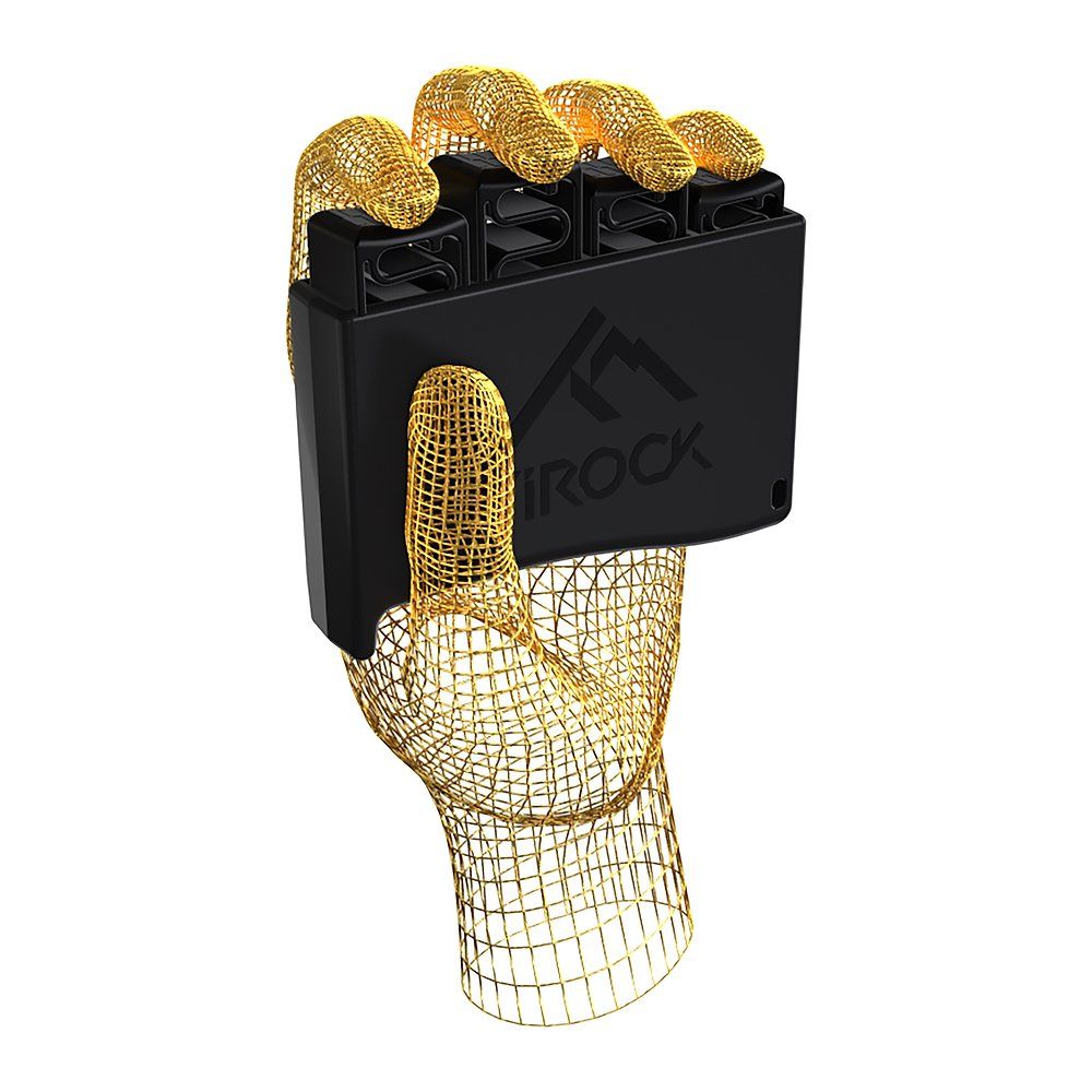 Schwarzes Fingertrainer-Set Ti-Hand, gehalten von einer goldenen Draht-Hand. Das Set hat das TiRock-Logo.