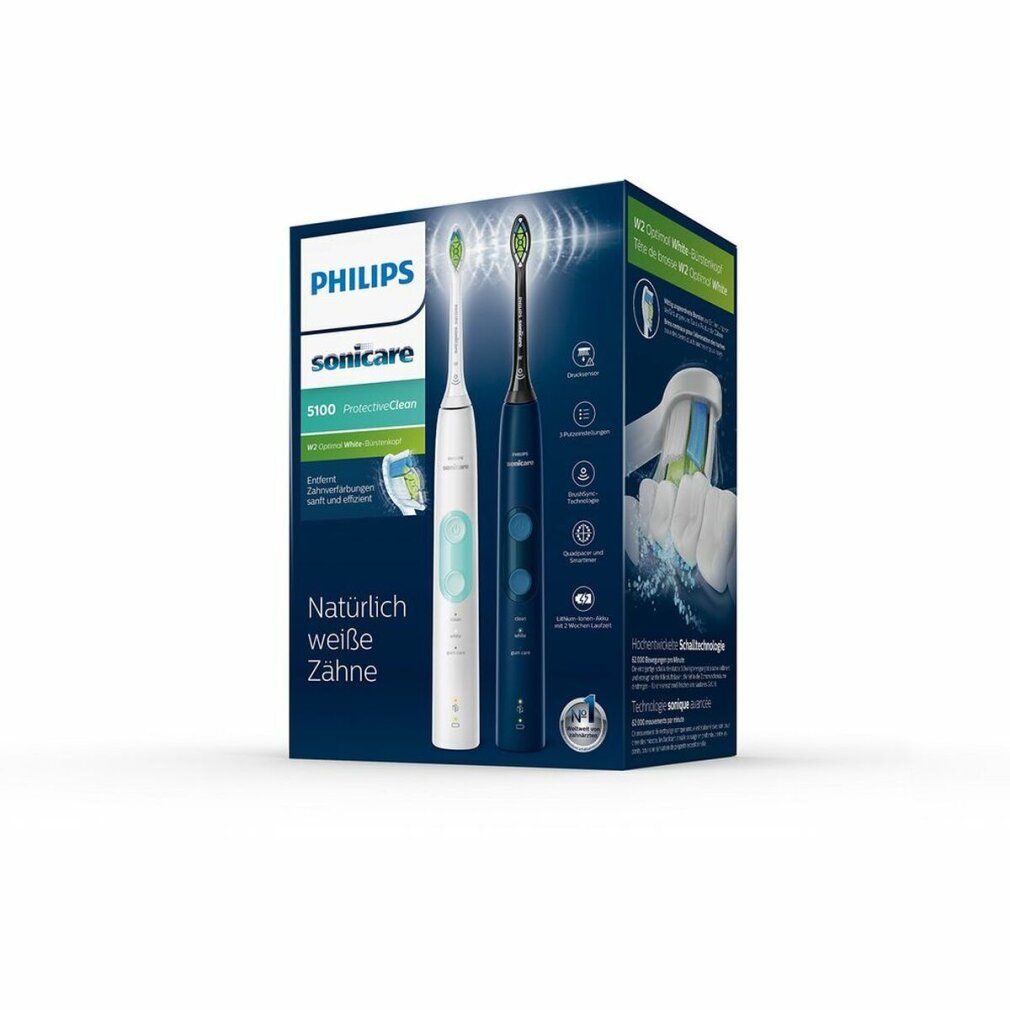 Philips Sonicare-Verpackung. Zahnbürsten-Abbildung. Text: Natürlich weiße Zähne. Produktabbildung.