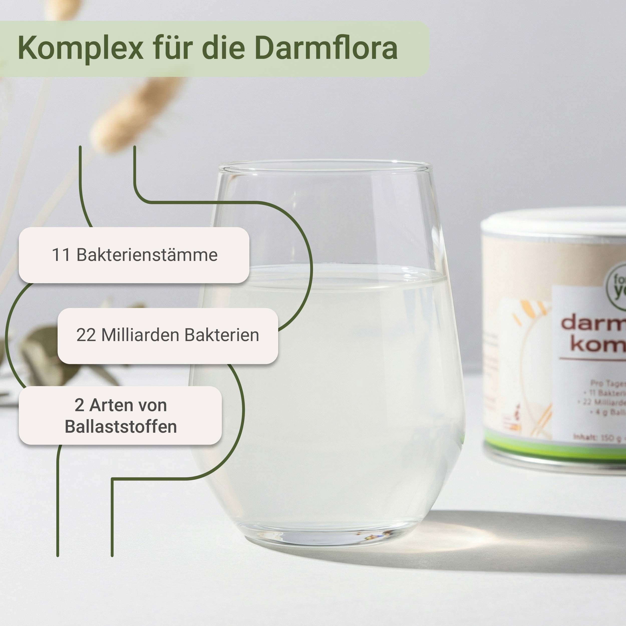 Frau im Freien, Text: 11 Bakterienstämme, 22 Milliarden Bakterien, 2 Ballaststoffarten, einfach auflösen, ohne Zusätze.