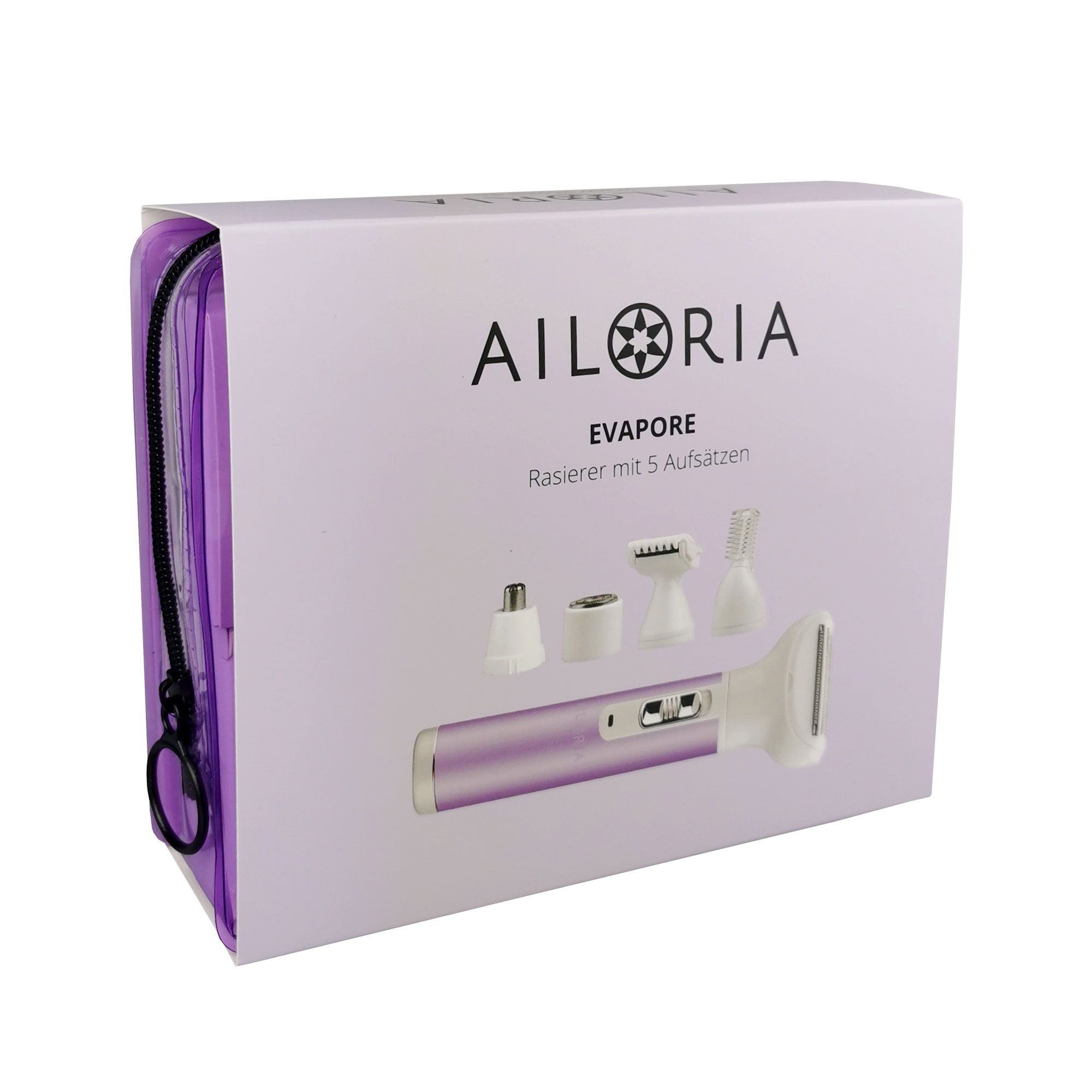 AILORIA EVAPORE Set in weißer Box. Rasierer, Aufsätze und transparente Tasche sichtbar. Schwarzer Reißverschluss.