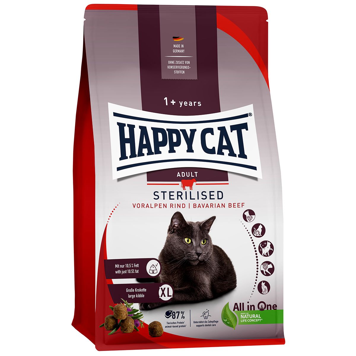 Happy Cat Sterilised Adult Voralpen Rind Trockenfutter-Packung mit Katze und Produktinformationen.