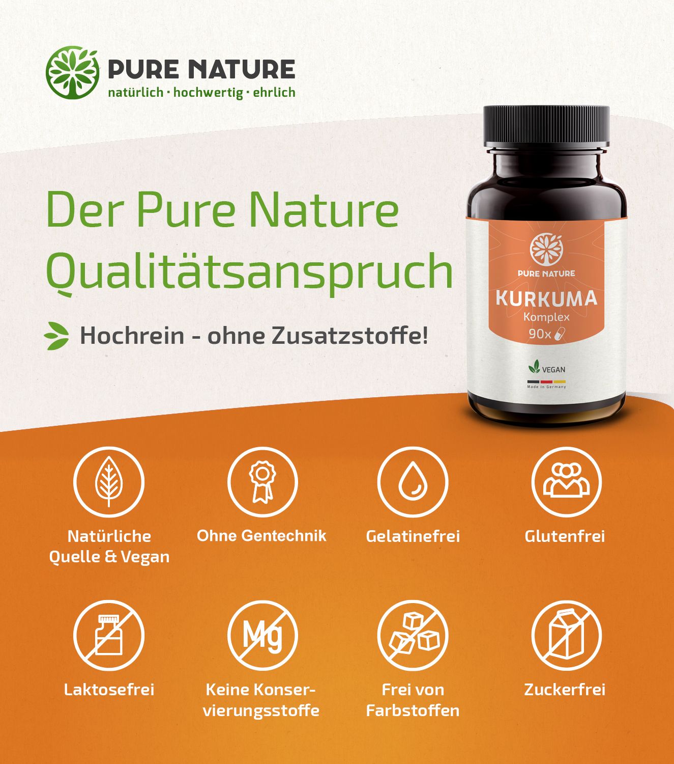 Flasche "Pure Nature Kurkuma Komplex 90x" mit Icons für "Natürliche Quelle & Vegan", "Ohne Gentechnik", "Gelatinefrei", "Glutenfrei".