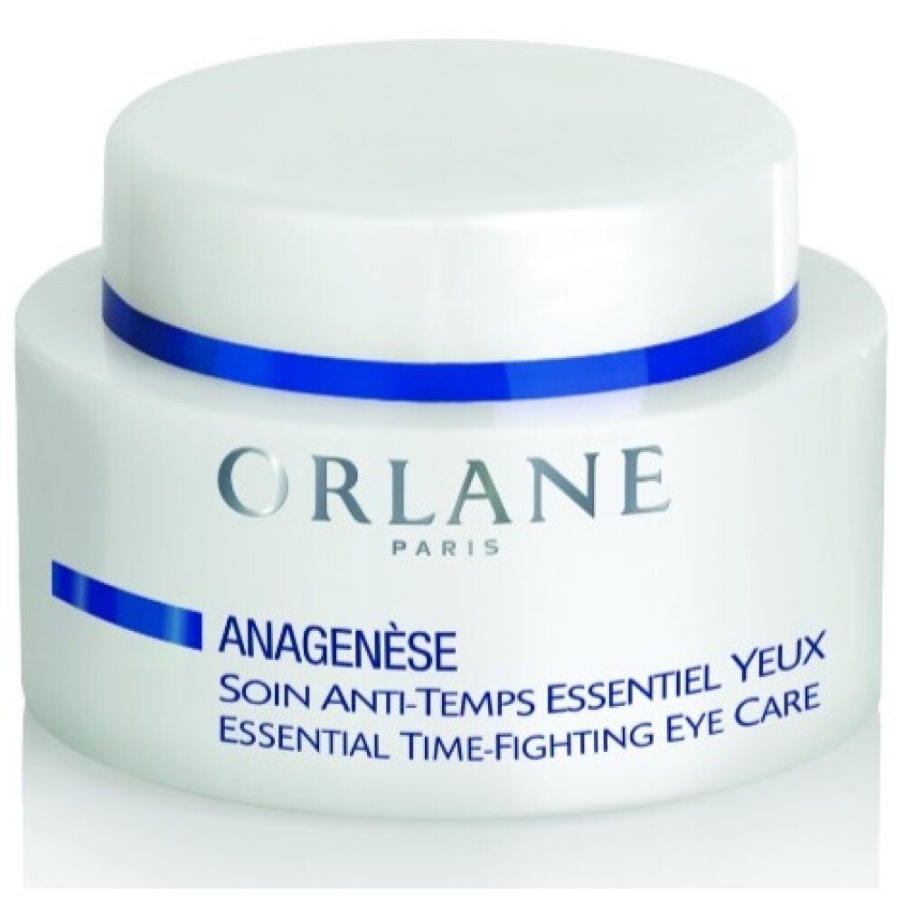 Weißer Tiegel mit blauem Streifen und Deckel. Schriftzug: ORLANE PARIS, ANAGENÈSE, SOIN ANTI-TEMPS ESSENTIEL YEUX, ESSENTIAL TIME-FIGHTING EYE CARE.