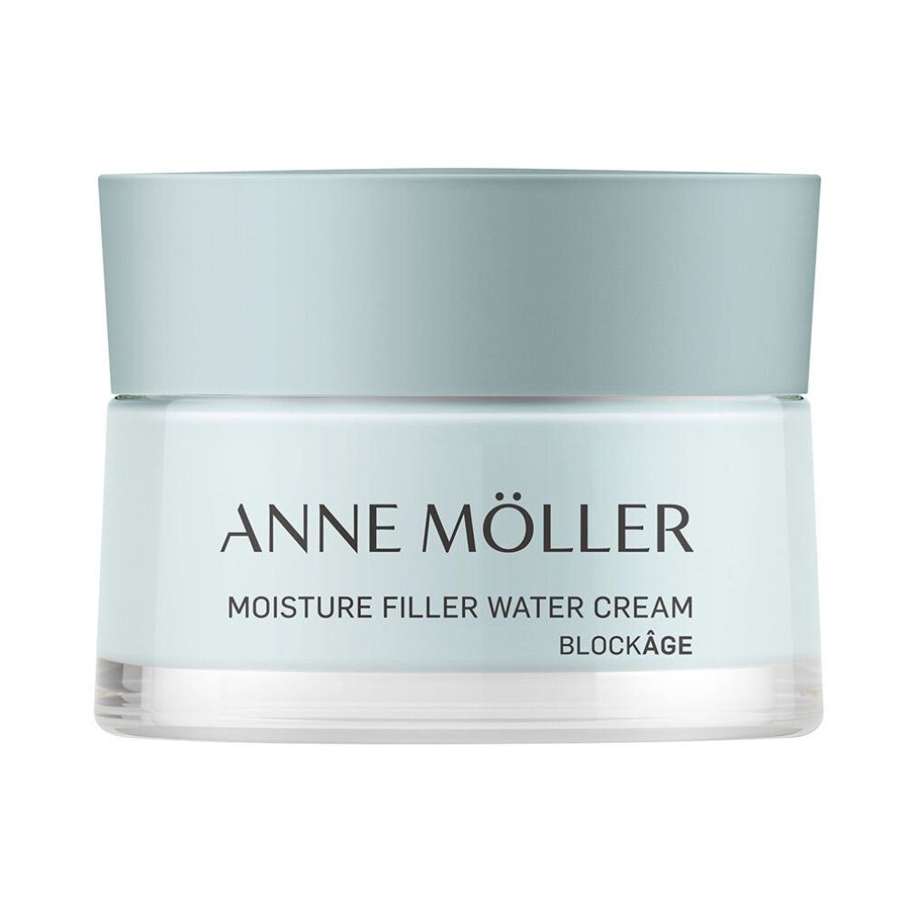 Hellblaues Cremeglas mit Deckel. Aufschrift: ANNE MÖLLER, MOISTURE FILLER WATER CREAM, BLOCKÂGE.