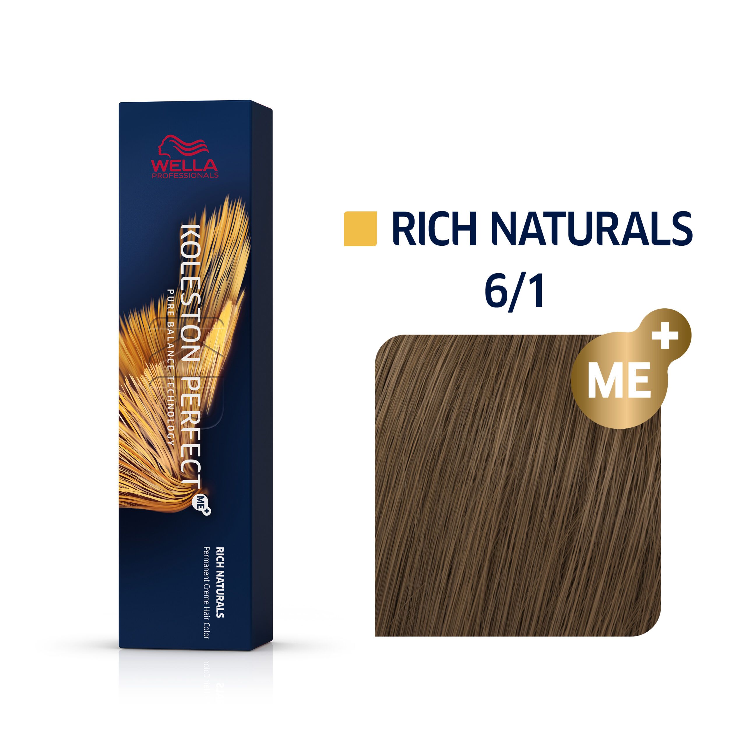 Wella Koleston Perfect Me+ Rich Naturals 6/1. Produktverpackung und Farbmuster in Braun.
