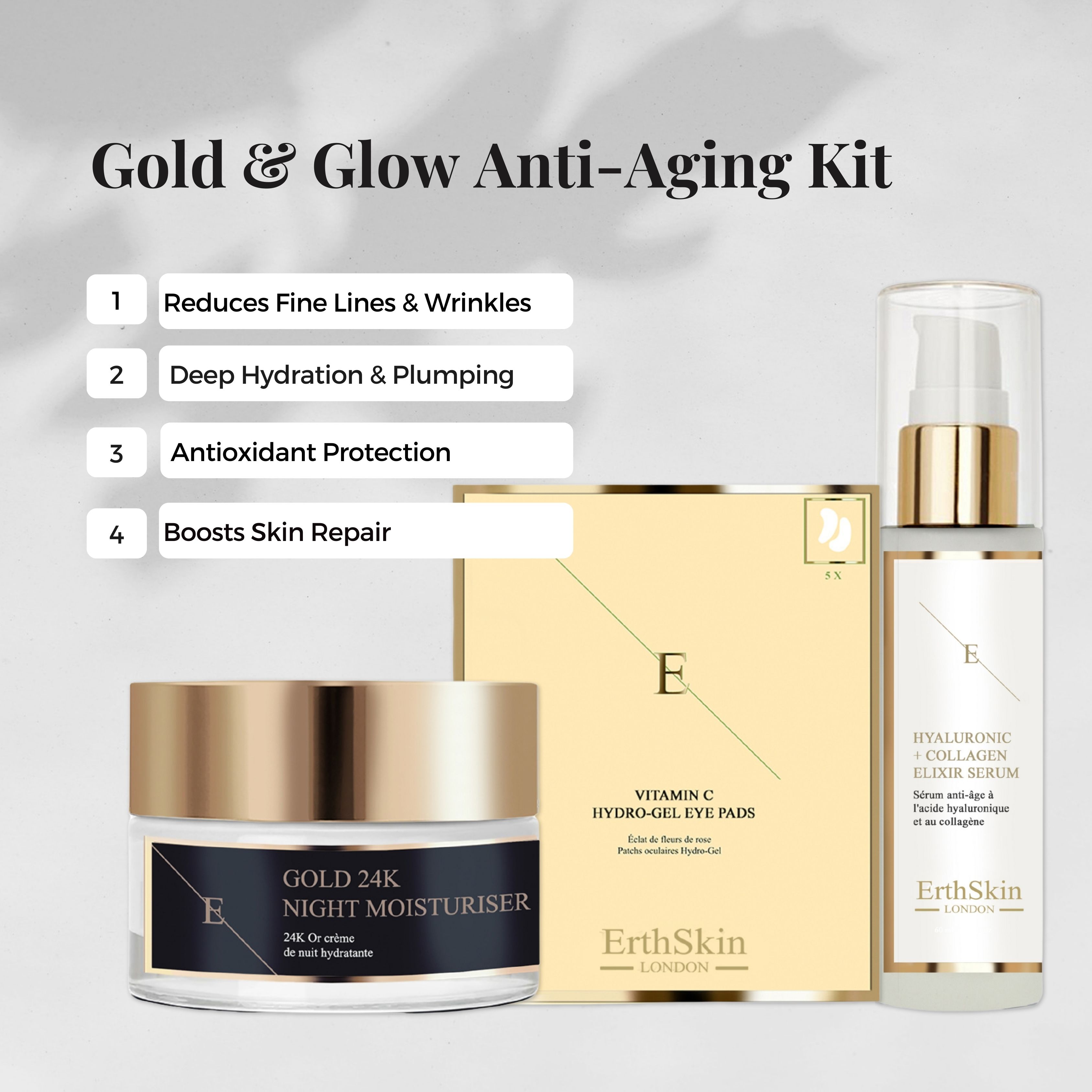 Drei Produkte: Nachtcreme, Augenpads und Serum. Goldfarbene Deckel und Verpackung. Beschriftung: ErthSkin London, Gold 24K Night Moisturiser, Vitamin C Hydro-Gel Eye Pads, Hyaluronsäure + Collagen.
