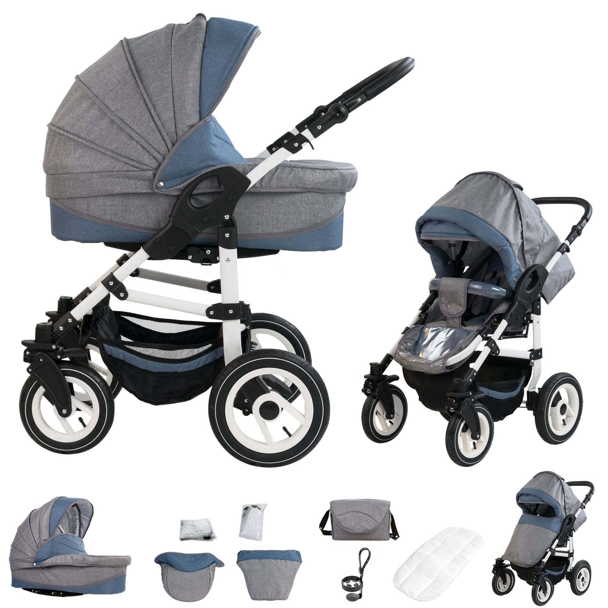 Kombikinderwagen, grau-blau, mit weißem Gestell und Hartgummireifen. Mehrere Ansichten und Zubehörteile.