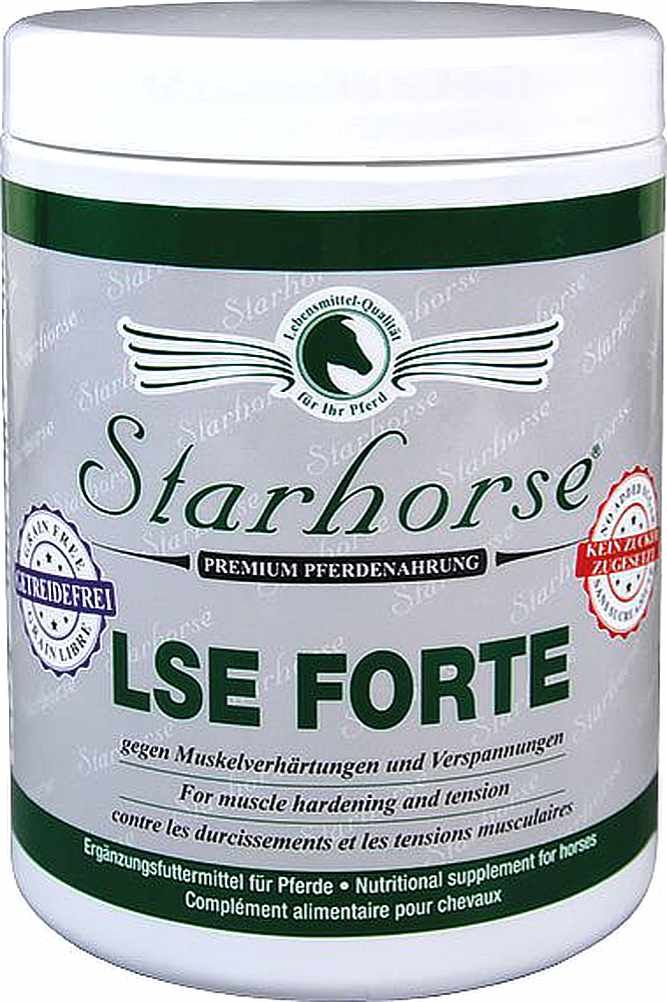 Weißer Behälter mit grünem Deckel. Aufschrift: Starhorse LSE Forte. Text: Premium Pferdenahrung. Siegel: Getreidefrei, Kein Zuckerzusatz.