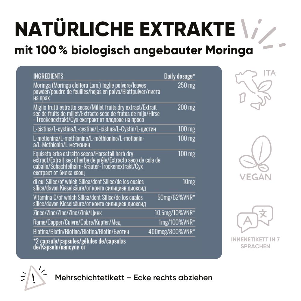 Frau hält eine Flasche mit Kapseln. Text: 2 Kapseln, gesunde Haare, pflanzliche Kapseln, kleine Kapseln.