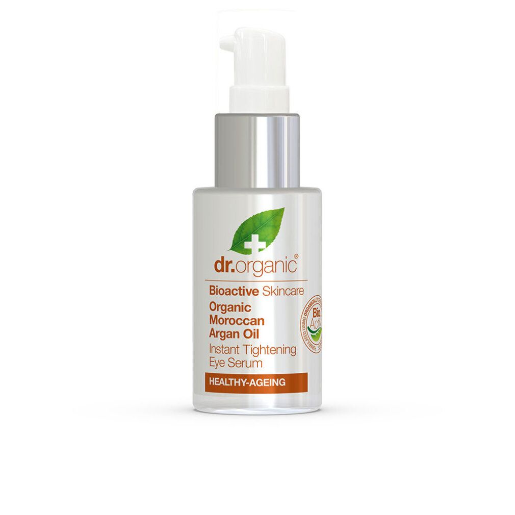 Serumflasche mit Pumpe. Aufschrift: Dr. Organic, Moroccan Argan Oil, Instant Tightening Eye Serum.