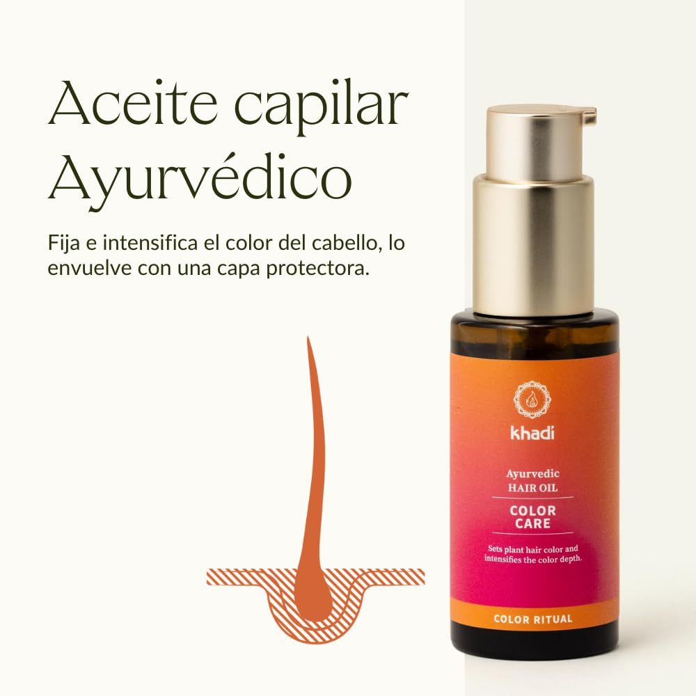 Braune Glasflasche mit goldenem Pumpkopf. Etikett mit Produktbezeichnung und Logo. Text: Ayurvedisches Haaröl Color Care.