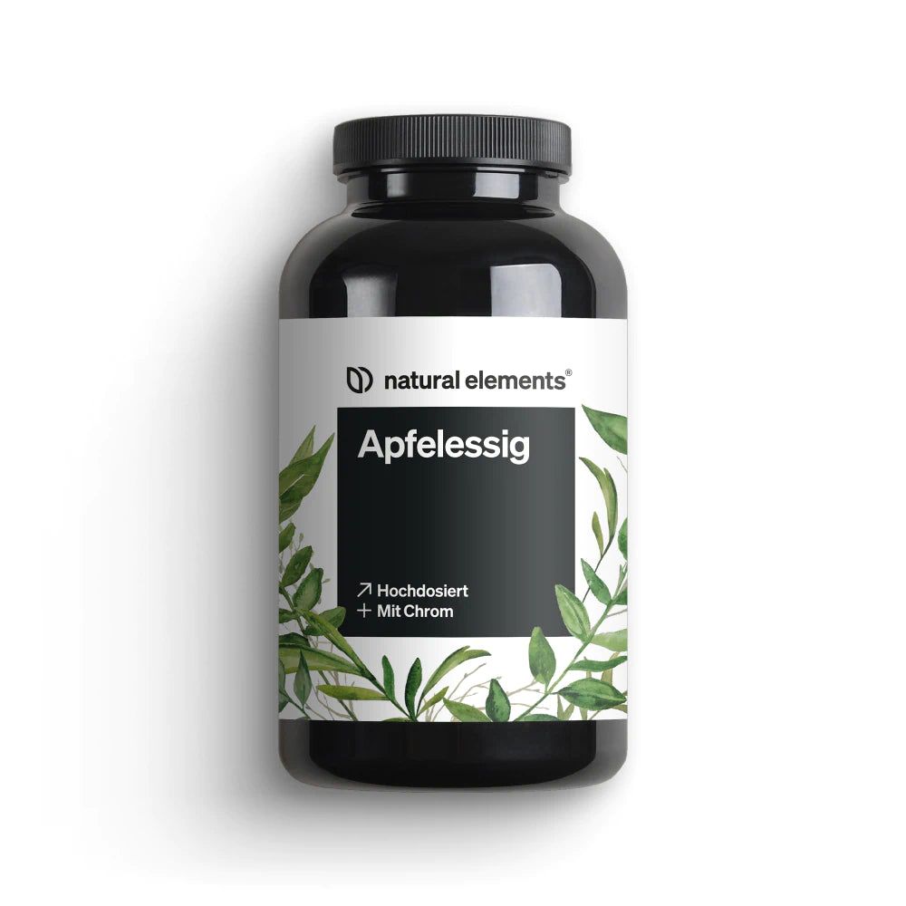 Schwarze Flasche mit Kapseln. Aufschrift "natural elements Apfelessig". Grünpflanzen-Dekor. Text: "Hochdosiert + Mit Chrom".