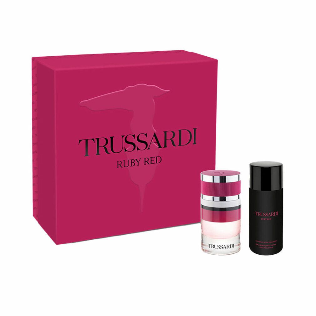 Geschenkset mit Box, Flakon und Deodorant. Box mit Logo und Schriftzug. Flakon mit rosa Streifen. Deodorant schwarz.