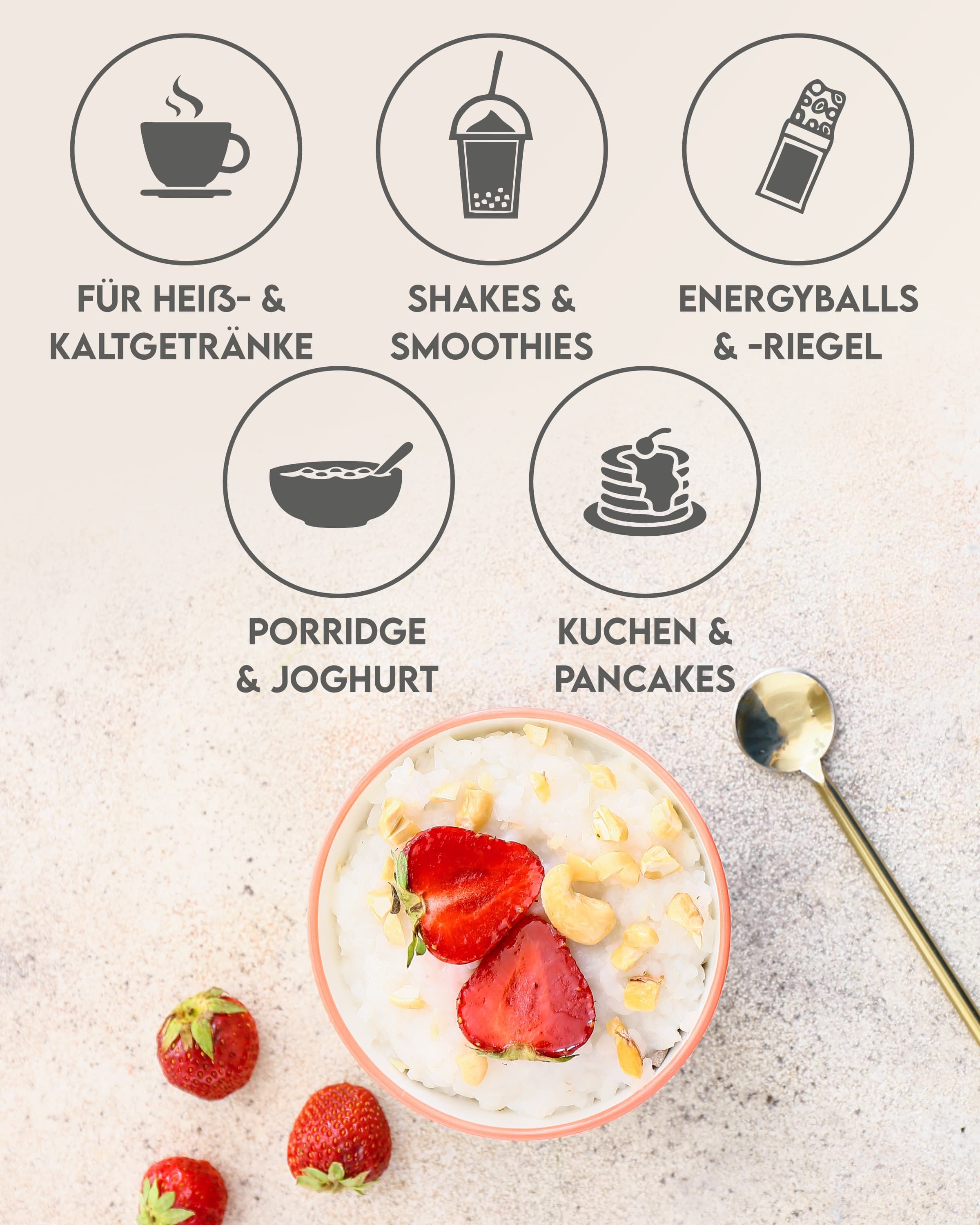 Verschiedene Zubereitungsideen für PURELITE Matcha: Heißgetränke, Shakes, Energyballs, Porridge, Pancakes.