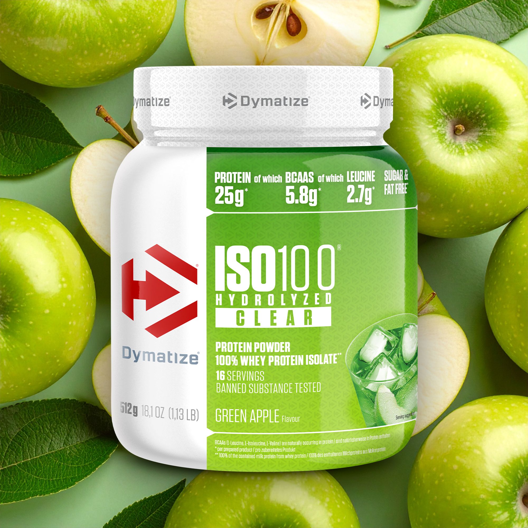 Dymatize ISO 100 Hydrolized Clear Green Apple. Dose umgeben von grünen Äpfeln und Blättern. Produktinformationen.