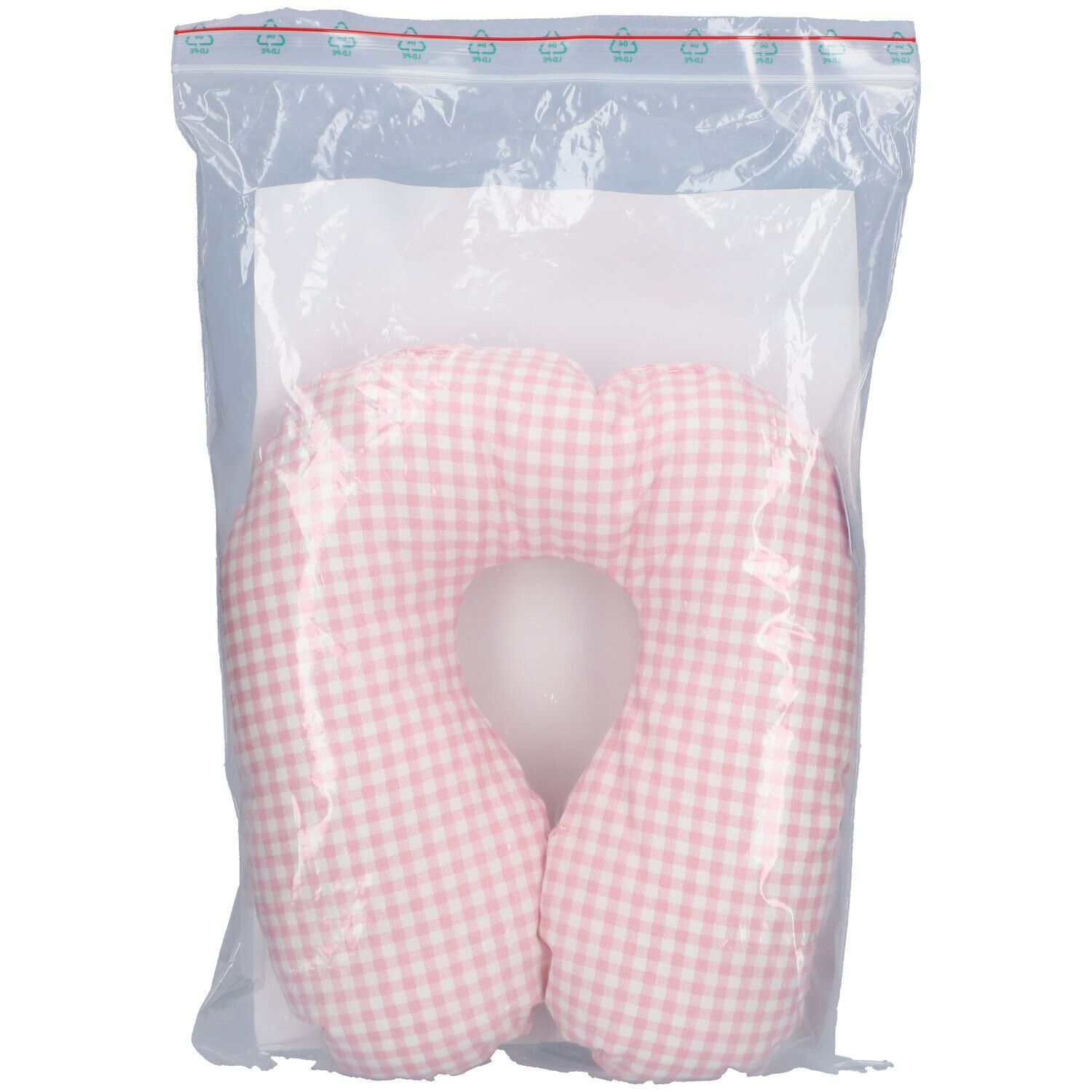 Nackenhörnchen, weiß-rosa kariert, in Plastikverpackung. U-förmiges Kissen mit rosa und weißem Karomuster.