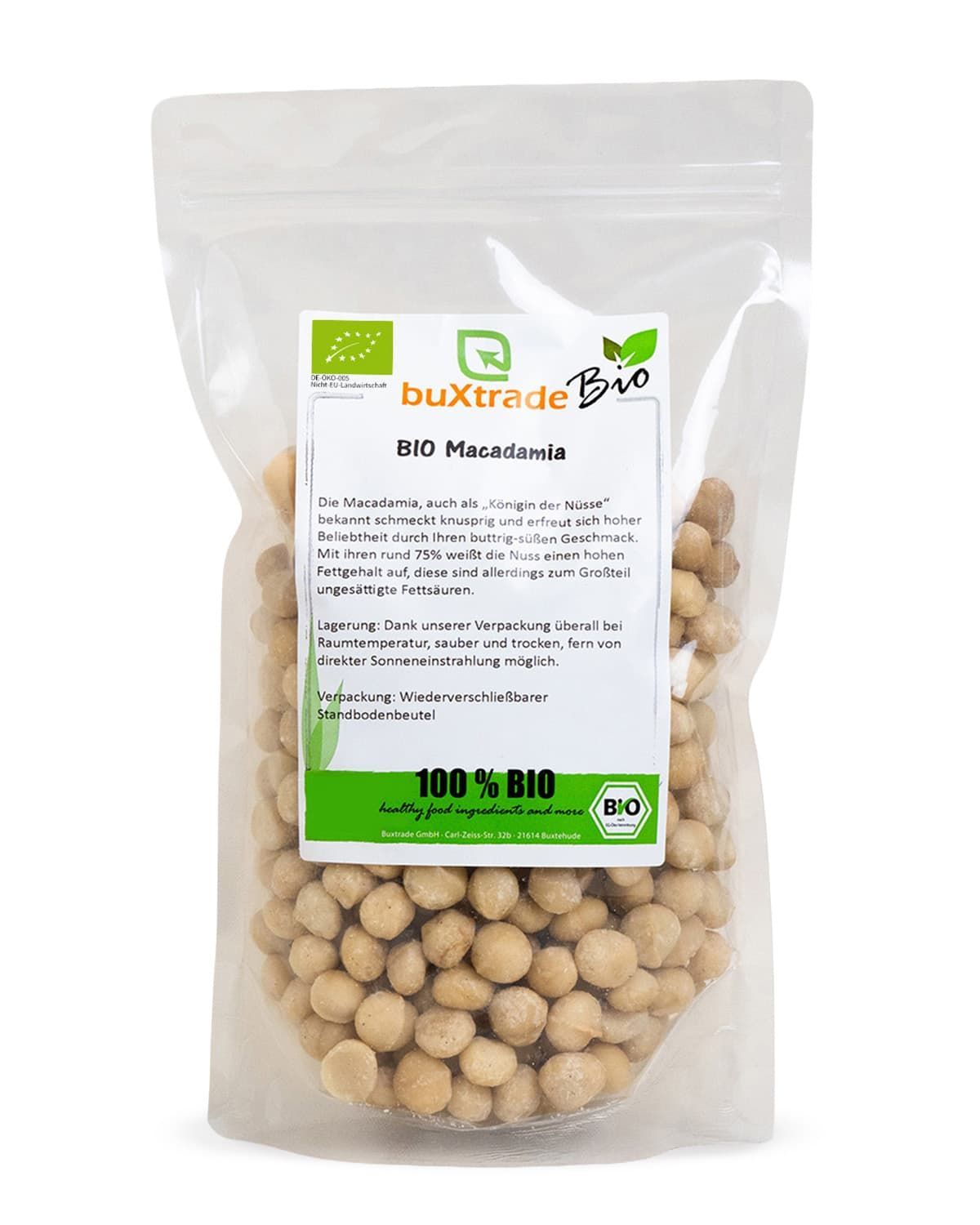 Verpackung mit Bio-Macadamianüssen, mit EU-Bio-Siegel und Buxtrade Bio Logo.