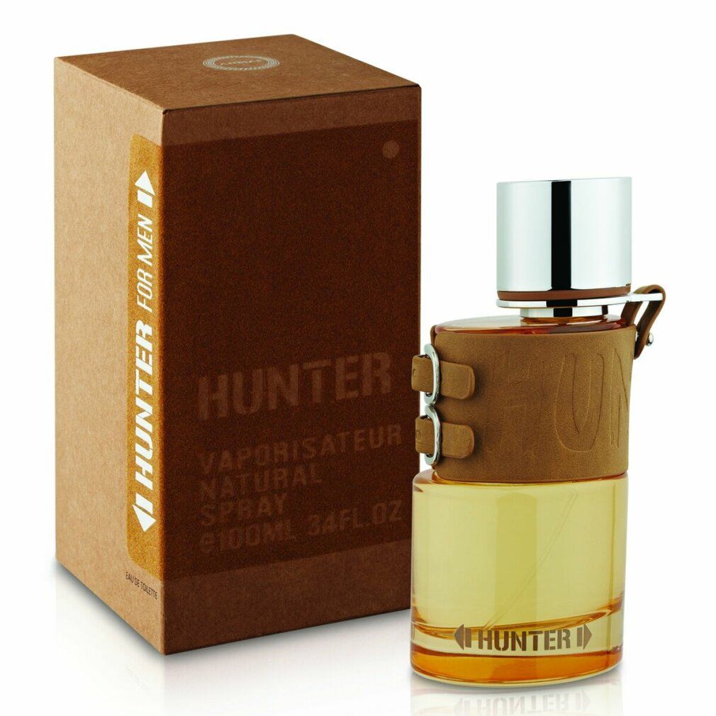 Parfümflasche mit brauner Lederhülle und Karton. Aufschrift: Hunter, Vaporisateur Natural Spray.