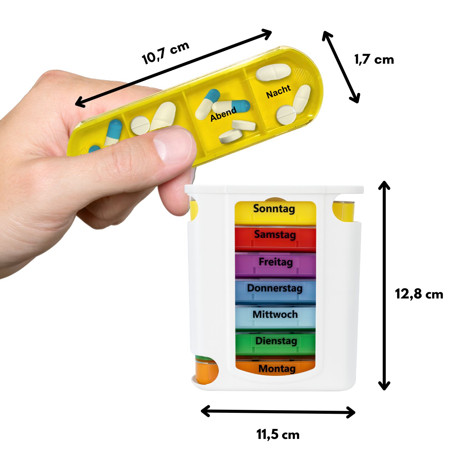 Tablettenbox mit herausnehmbarem Fach, daneben Maße: 10,7 cm, 1,7 cm, 12,8 cm, 11,5 cm.