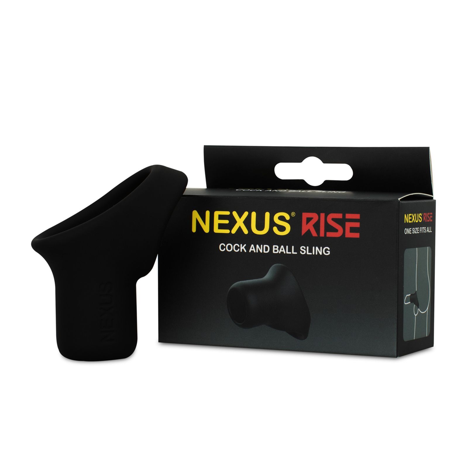 Prodotto nero accanto a una confezione. Scritta "NEXUS RISE" e "COCK AND BALL SLING".