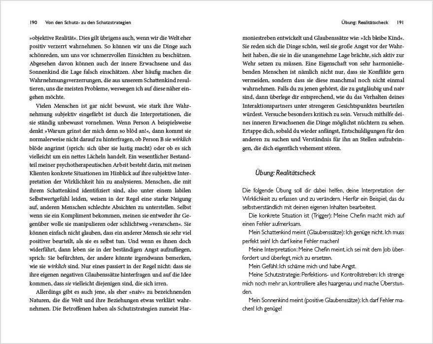 Buchseite mit Text. Titel: "Übung Realitätscheck". Text in schwarzer Schrift auf weißem Hintergrund. Keine Illustrationen.