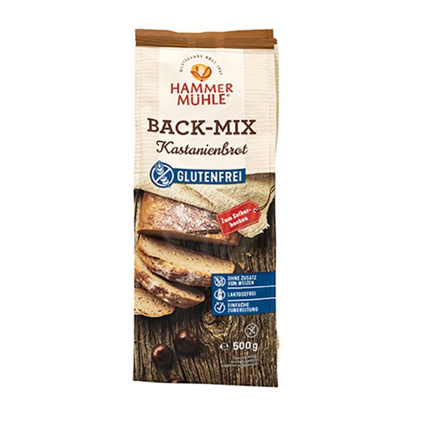 Verpackung von Hammermühle Back-Mix Kastanienbrot glutenfrei. Brotlaibe und Scheiben auf Holz. Glutenfrei-Logo.