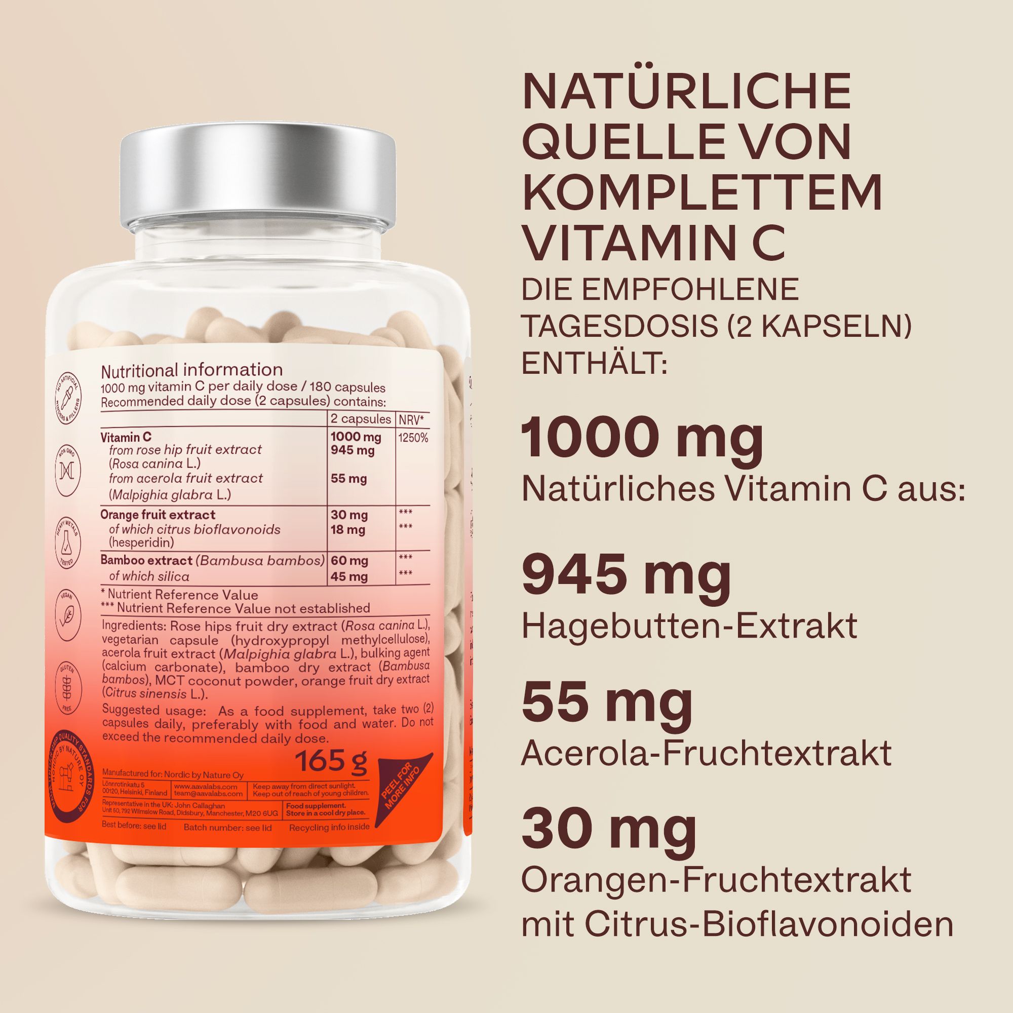 Rückseite einer Flasche mit Kapseln. Nährwertangaben. Gewicht: 165 g.