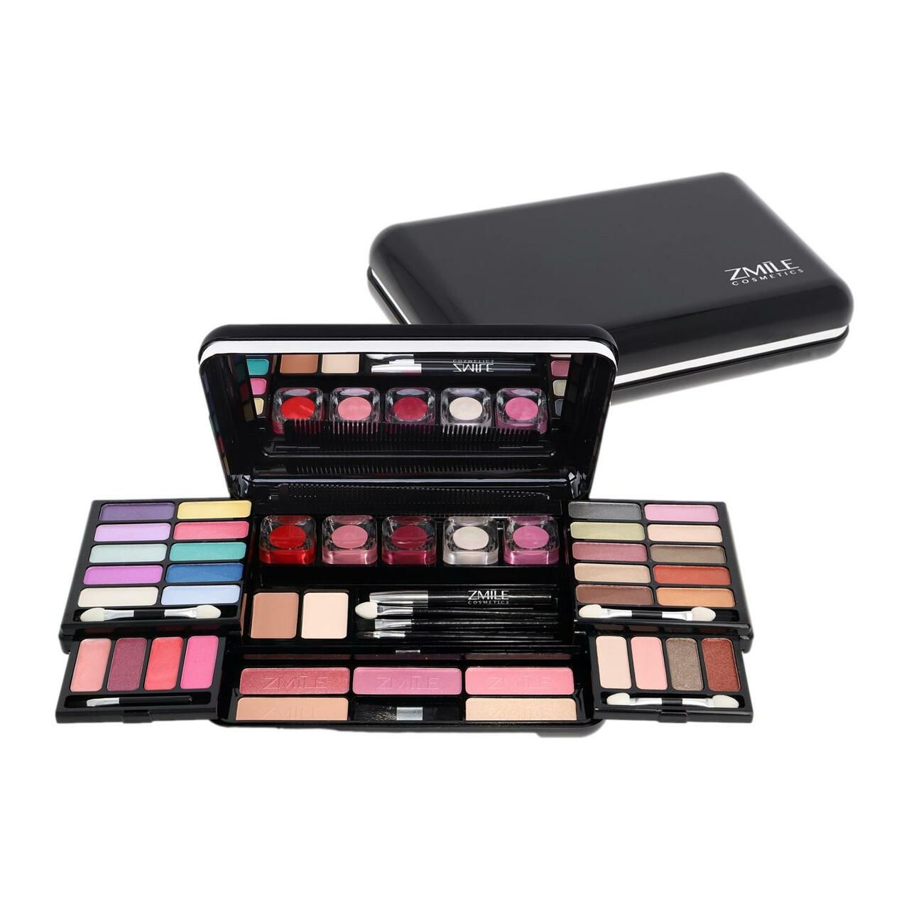 Schwarzes Make-up-Set von ZMILE Cosmetics, geöffnet. Enthält Lidschatten, Lippenstifte, Pinsel und Spiegel.