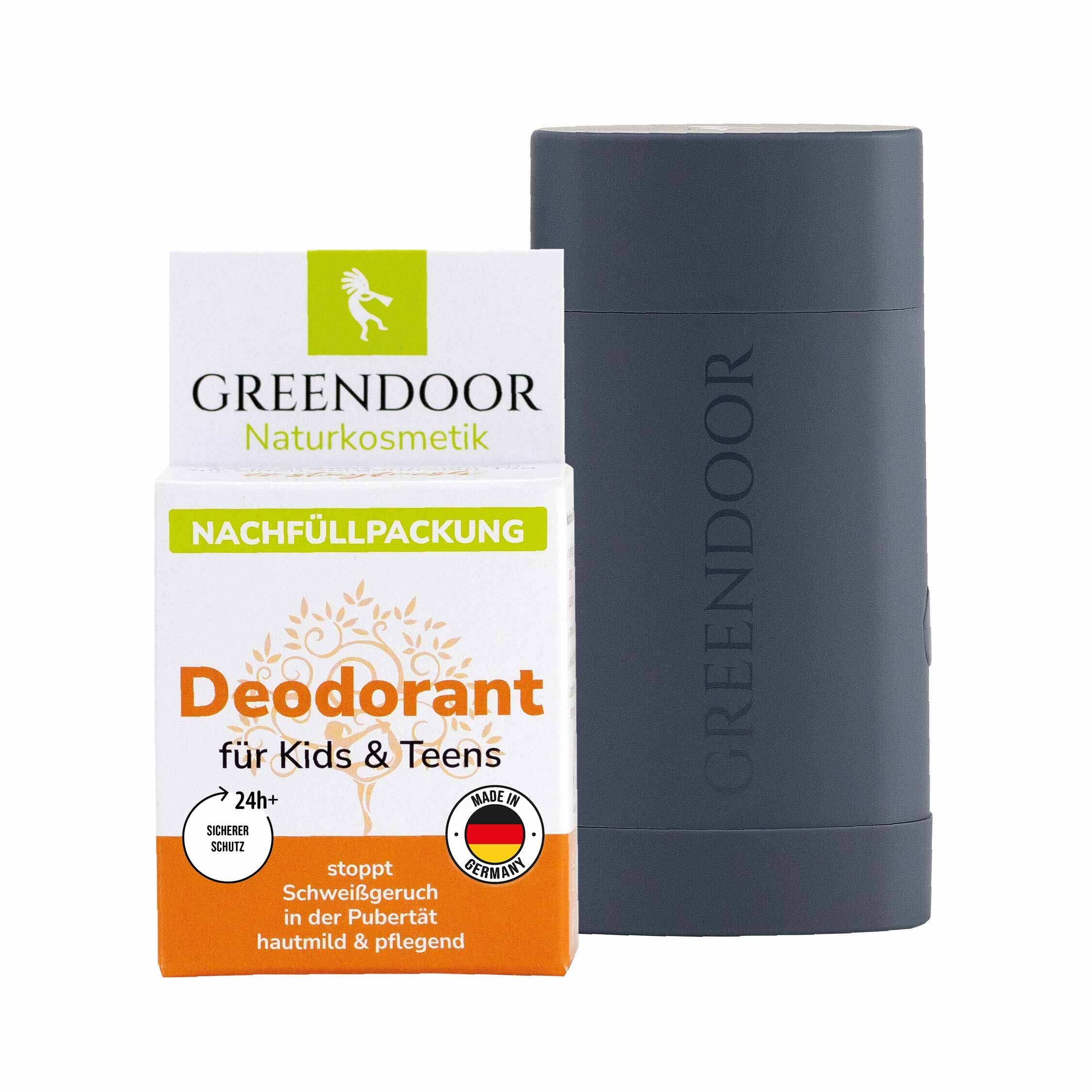Greendoor Deodorant Nachfüllpackung für Kids & Teens + Hülse Grey 40 g