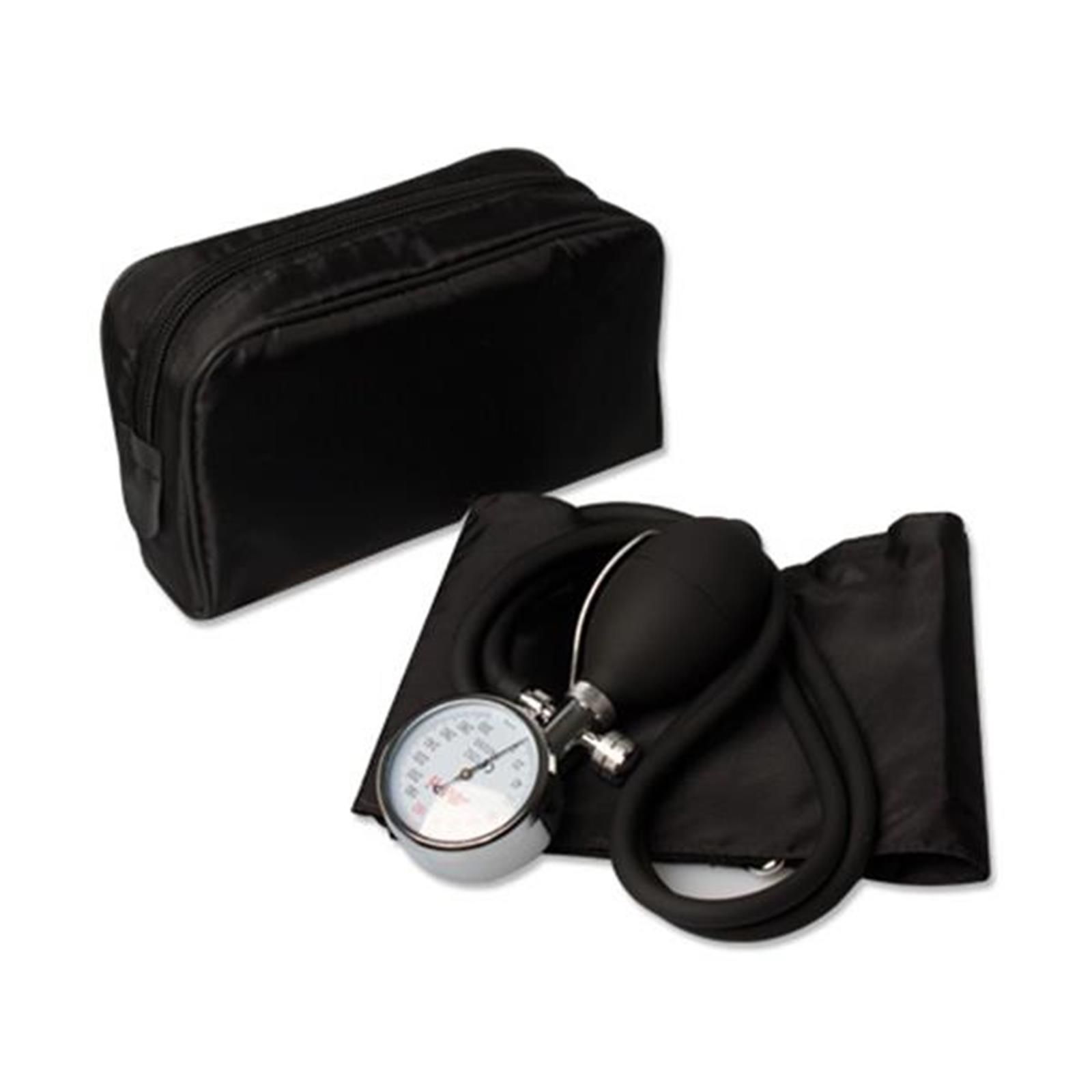 Aneroid-Blutdruckmessgerät mit Manschette, Birne und Manometer. Schwarze Tasche zur Aufbewahrung.