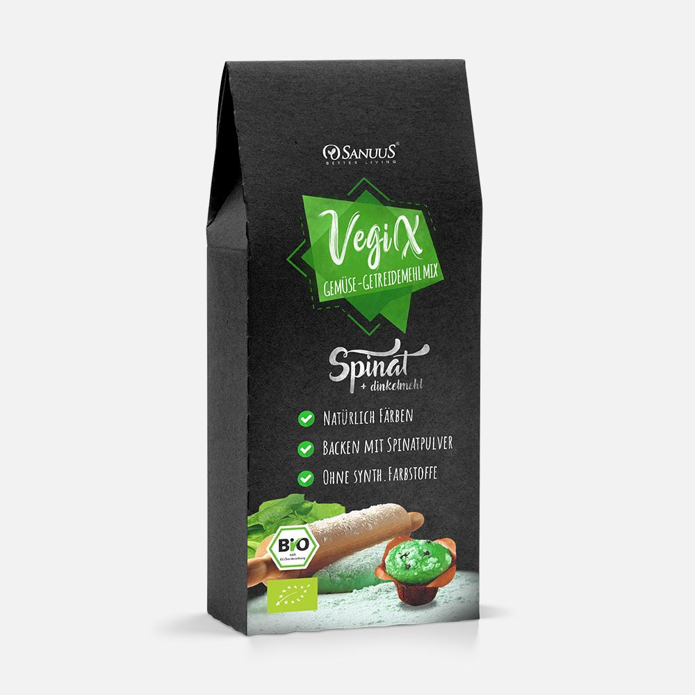 Schwarze Verpackung mit SANUUS® VegiX Bio Dinkelmehl 630. Grünem Spinatpulver, Bio-Siegel. Text: Spinat, natürlich färben, backen.