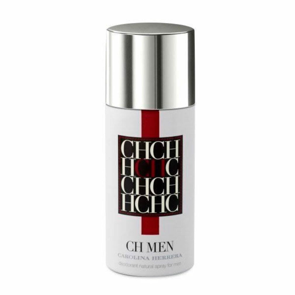 Weiße Deospraydose mit silbernem Deckel. Schwarzes Quadrat mit roten Linien und 'CH' Logo. 'CH MEN CAROLINA HERRERA' Schriftzug.