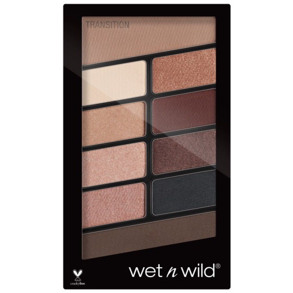 Palette mit 10 Lidschattenfarben. Schwarze Verpackung mit Produktnamen und Cruelty-Free-Logo. Verschiedene Brauntöne.