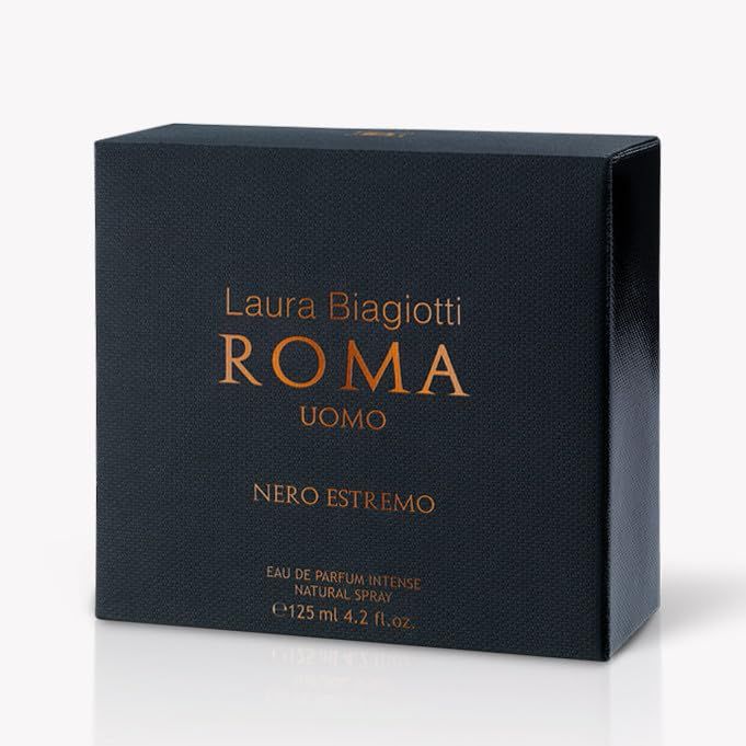 Schwarze Verpackung von Laura Biagiotti Roma Uomo Nero Estremo. Logo und Produktbezeichnung in Gold.