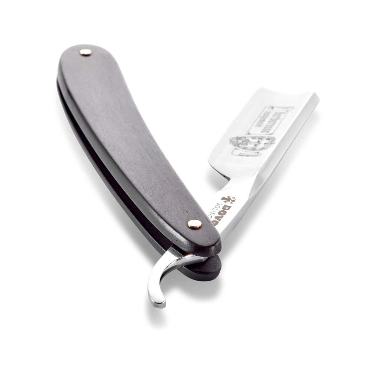 Rasiermesser, geöffnet. Holzgriff, Klinge mit Gravur "Barbarossa" und Logo "DOVO Solingen".