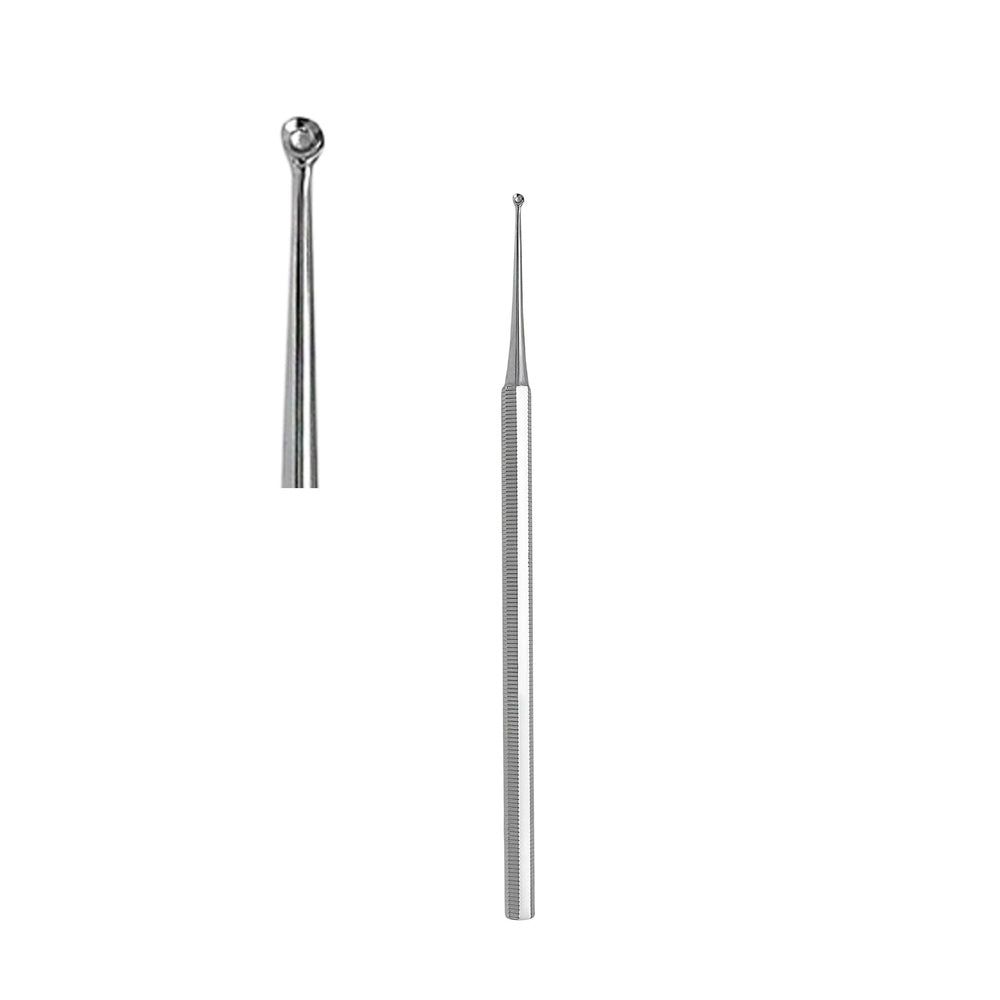 Doppelseitiger Komedonenheber. Ein Ende mit kleiner Kugel, das andere spitz. Metallisch, länglich.