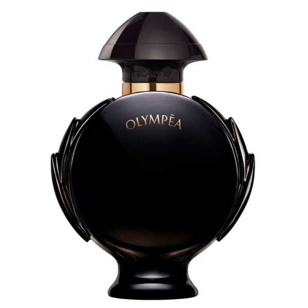 Schwarze Parfümflasche mit goldenem Schriftzug 'OLYMPÉA' und einem geschwungenen Design.