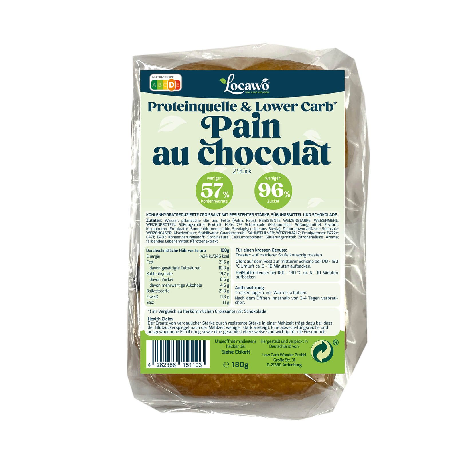 Verpackung von Locawo Proteinquelle & Low Carb Pain au chocolat. Sichtbar sind zwei Pain au chocolat, verpackt in Folie. Text: 57% weniger Kohlenhydrate, 96% Zucker.
