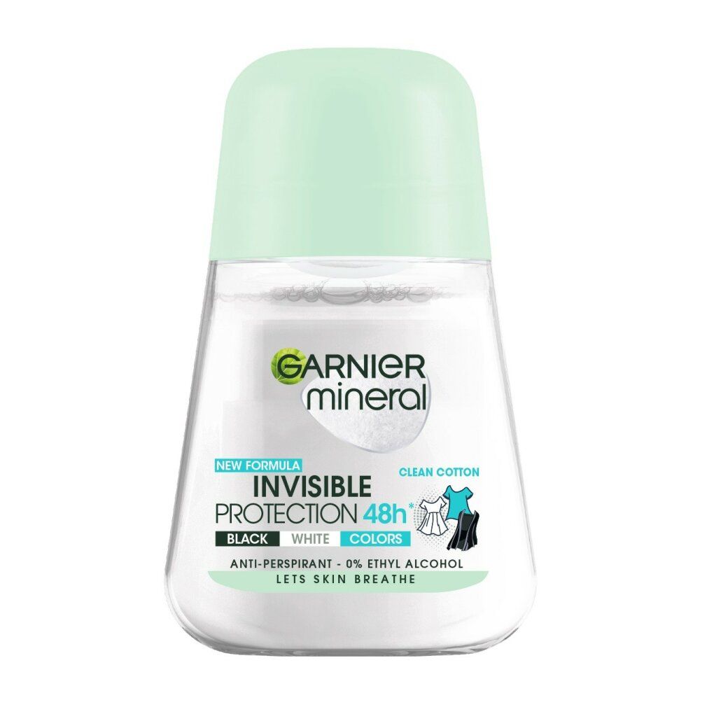 Garnier Mineral Roll-on Deodorant 48h Clean Cotton- Schwarz, Weiß