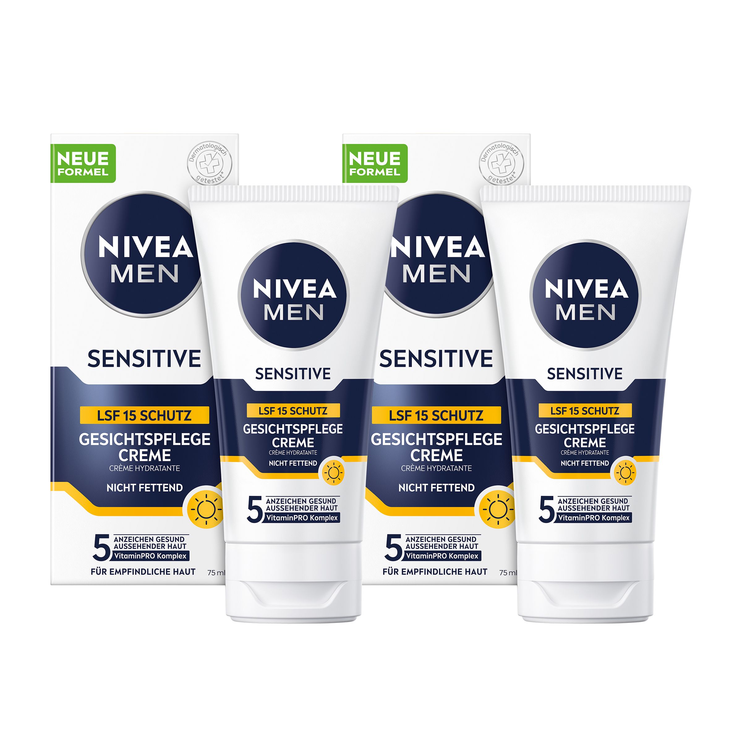 Vier Tuben NIVEA MEN Sensitive Gesichtspflege Creme mit LSF 15. Weiße Tuben mit blauer und gelber Beschriftung. Verpackung mit grüner Aufschrift.