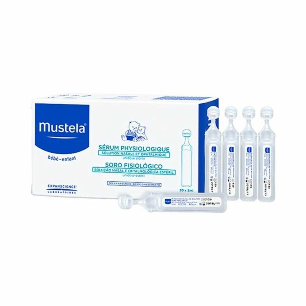 Produktverpackung mit Ampullen. Text: 'Physiologische Salzlösung'. Einzelne Ampullen liegen daneben.