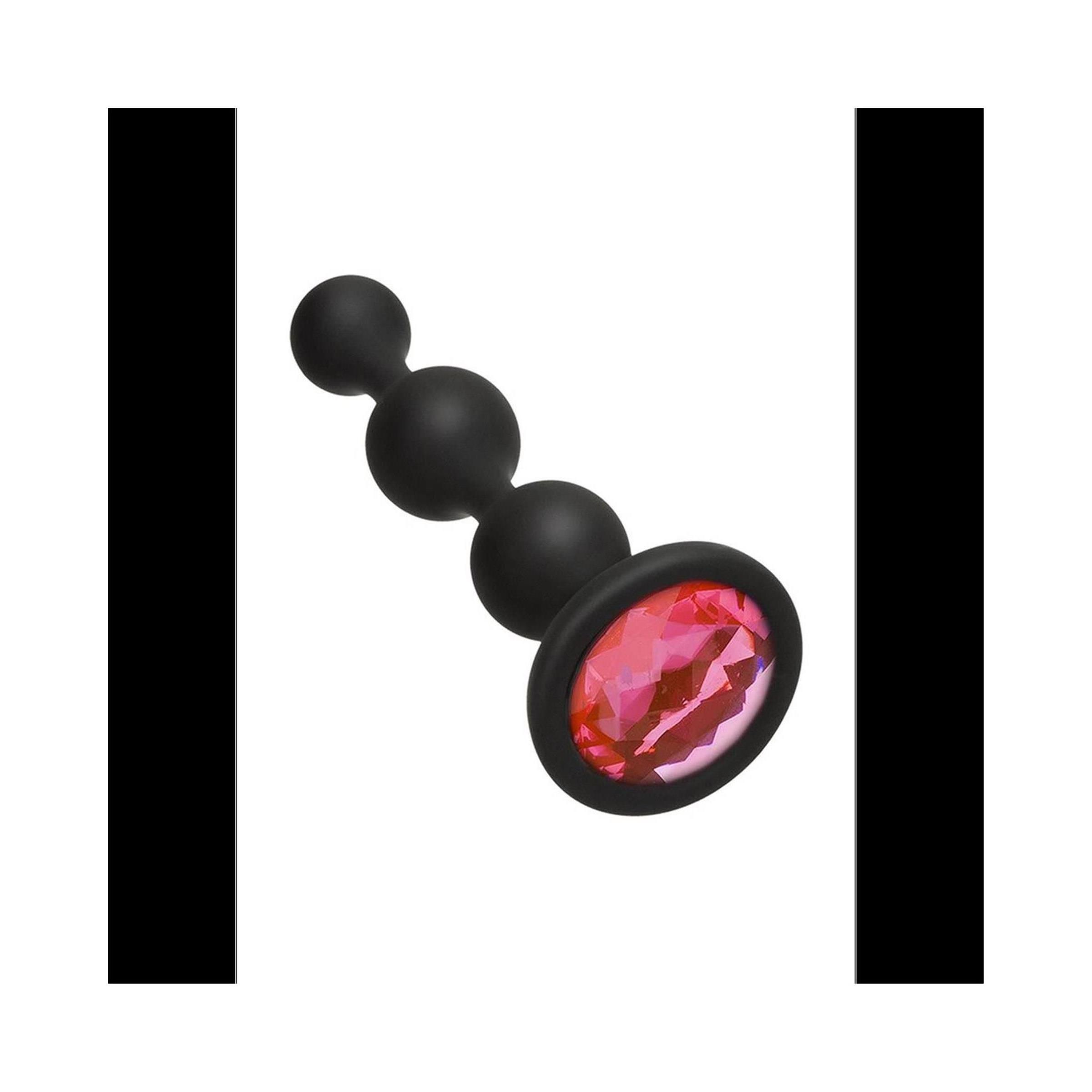 Schwarze, perlenförmige Beads mit rotem Schmuckstein. Produkt aus Silikon.