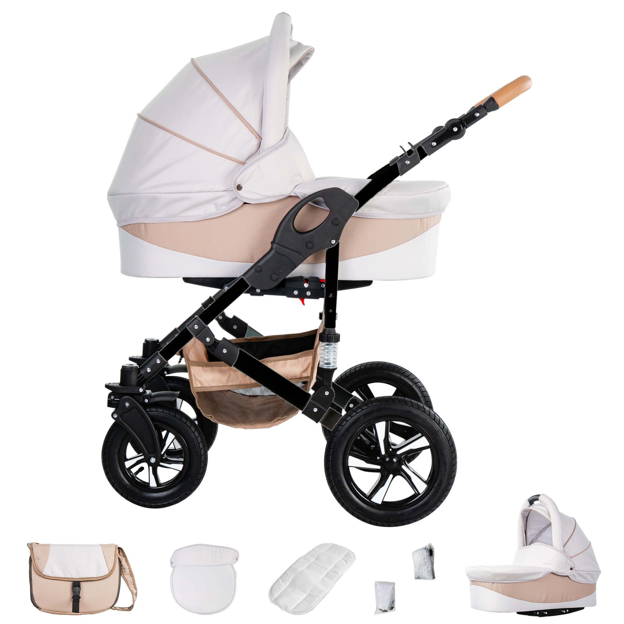 Kinderwagen-Set, Creme & Beige. Babywanne, Sportsitz, Zubehör. Schwarzes Gestell, Luftreifen. Beige Tasche, weißes Kissen.